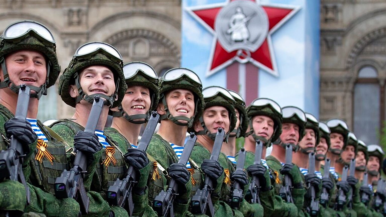 Russian troops march during the Victory Day military parade to celebrate 74 years since the victory in WWII in Red Square in Moscow, Russia, Thursday, May 9, 2019.