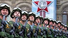 Russian troops march during the Victory Day military parade to celebrate 74 years since the victory in WWII in Red Square in Moscow, Russia, Thursday, May 9, 2019.