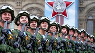 Russian troops march during the Victory Day military parade to celebrate 74 years since the victory in WWII in Red Square in Moscow, Russia, Thursday, May 9, 2019.