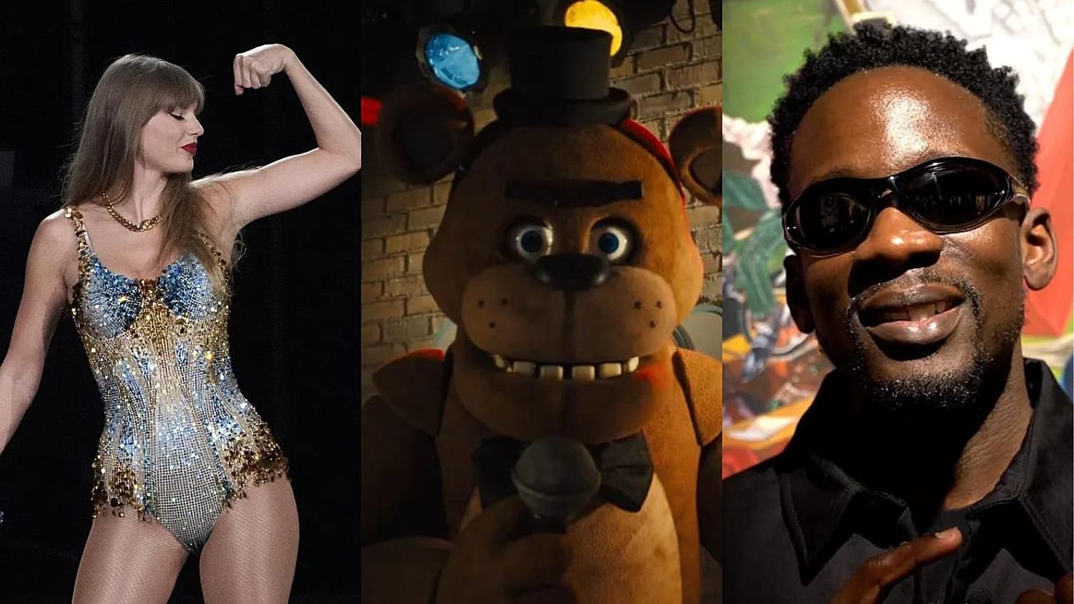Taylor Swift, a possessed animatronic from Five Night's at Freddy's and Mr Eazi.