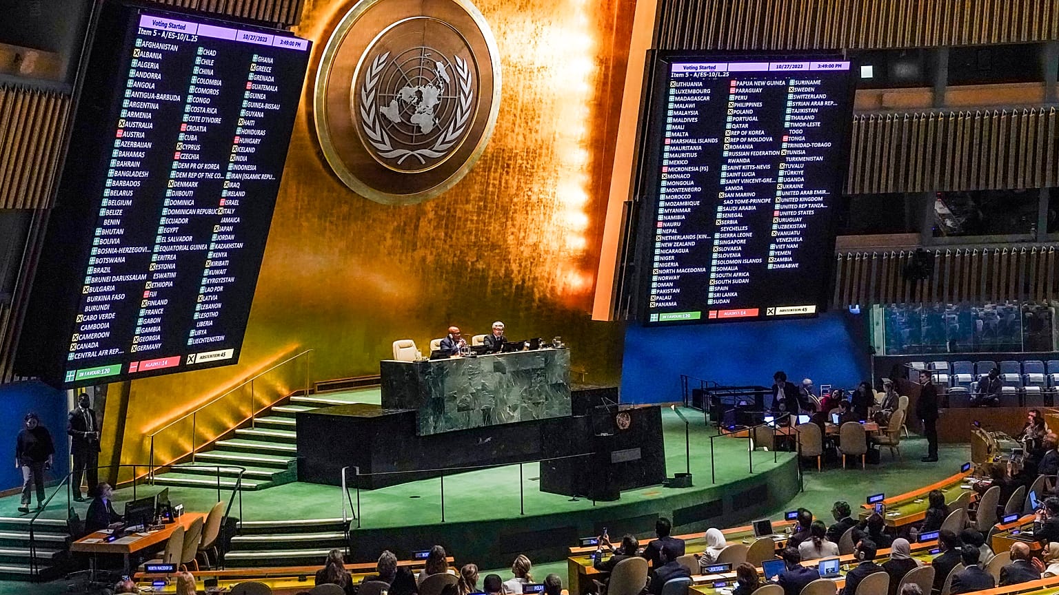 Se muestran los resultados de la votación de la Asamblea General de la ONU sobre una resolución no vinculante que pide una "tregua humanitaria" en Gaza.