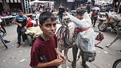 People use horse drawn carriage instead of cars as Israel blocks the entrance of fuel in Khan Yunis, Gaza on Saturday