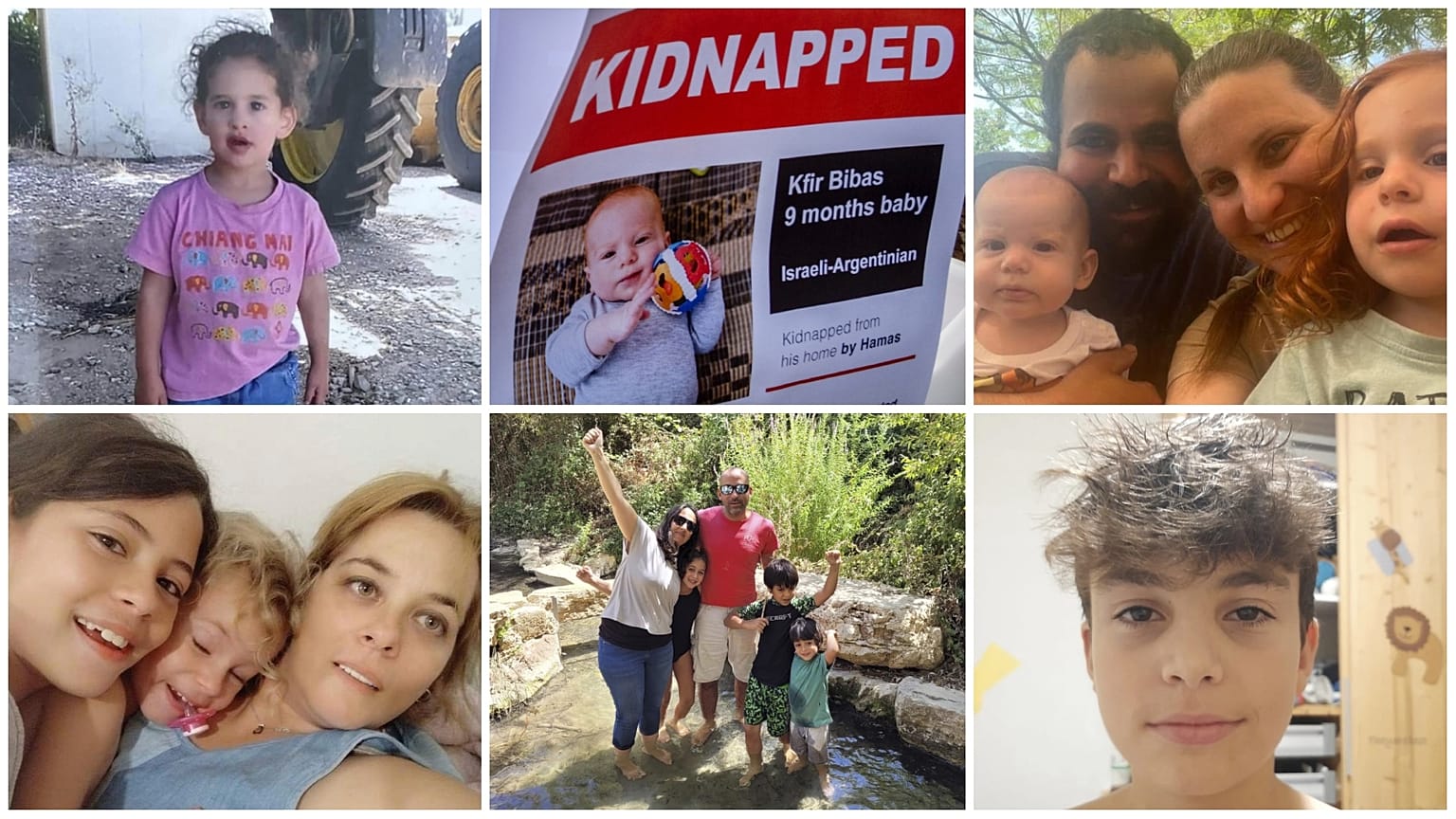 Néhányan a túszok közül: Abigail Edan 3 éves; Kfir Bibasz 9 hónapos, a Bibasz család; Dafna 15, Ella 8 éves; a Broducs-család elhurcolt tagjai; Erez Kalderon 12 éves