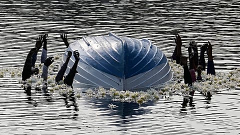An installation created by Milan's municipality is displayed at the Darsena del Naviglio canal in memory of 500 African migrants capsizing in 2013, photo taken 2023