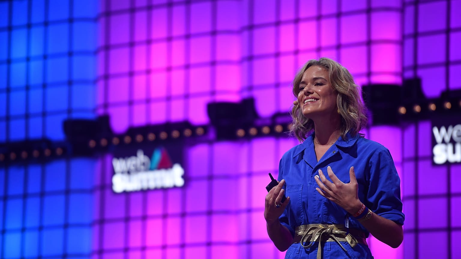 5 November 2019; Katherine Maher, CEO, Wikipedia, on Centre Stage during the opening day of Web Summit 2019 at the Altice Arena in Lisbon, Portugal