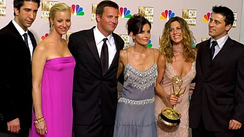 David Schwimmer, from left, Lisa Kudrow, Matthew Perry, Courteney Cox Arquettte, Jennifer Aniston and Matt LeBlanc of TV show 'Friends' at the Emmy Awards in 2002