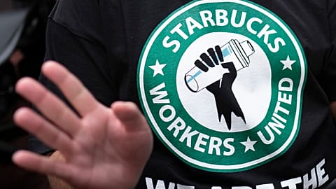 A t-shirt with a Starbucks Workers United logo. March 29, 2023. 