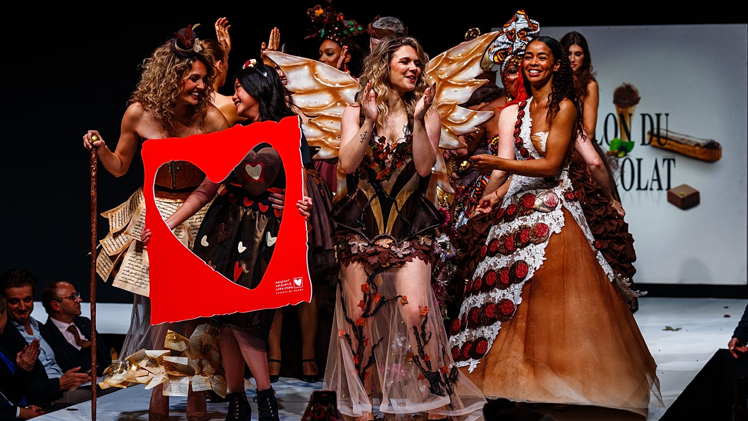 Models walks the runway during the parade of chocolate dresses during the Salon du Chocolat de Paris 2023 in Paris on October 27, 2023.