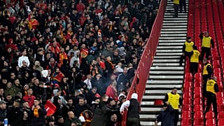 Fans shout during the Euro 2024 group G qualifying soccer match between Serbia and Montenegro, at the Rajko Mitic Stadium in Belgrade, Serbia, Tuesday, Oct. 17, 2023.