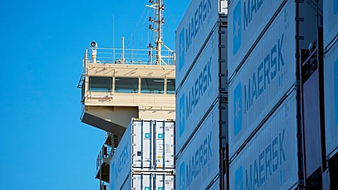 Containers are seen on the worlds first methanol-enabled container vessel before the namegiving ceremony in Copenhagen, Denmark, Thursday, Sept 14, 2023.