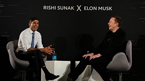 Britain's Prime Minister Rishi Sunak, left, attends an in-conversation event with Tesla and SpaceX's CEO Elon Musk in London, Thursday, Nov. 2, 2023.