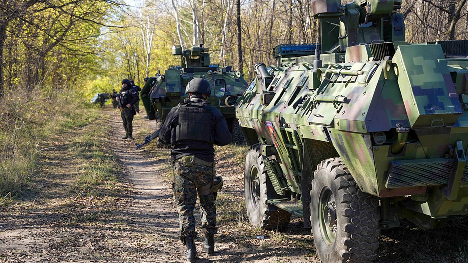 Serbian gendarmerie officers looking for migrants in a forest near the border between Serbia and Hungary, Serbia, Thursday, Nov. 2, 2023.
