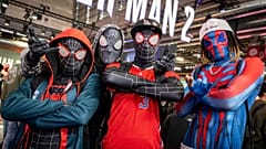 People dressed as Spiderman during the "Paris Games Week" fair in France, November 1, 2023.