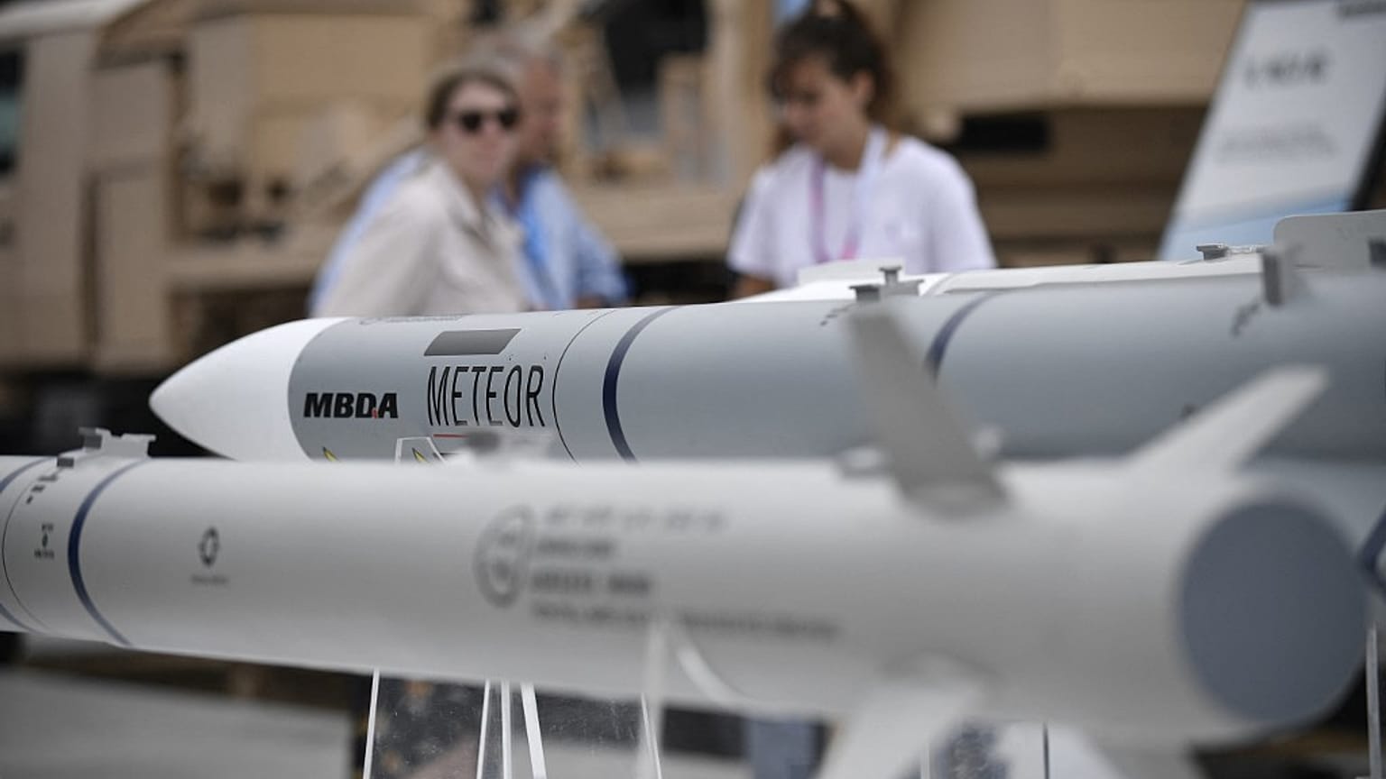This photograph taken on June 18, 2023 shows the active radar guided air-to-air missile Meteor developped by European manufacturer MBDA.