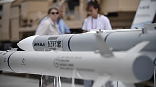 This photograph taken on June 18, 2023 shows the active radar guided air-to-air missile Meteor developped by European manufacturer MBDA.