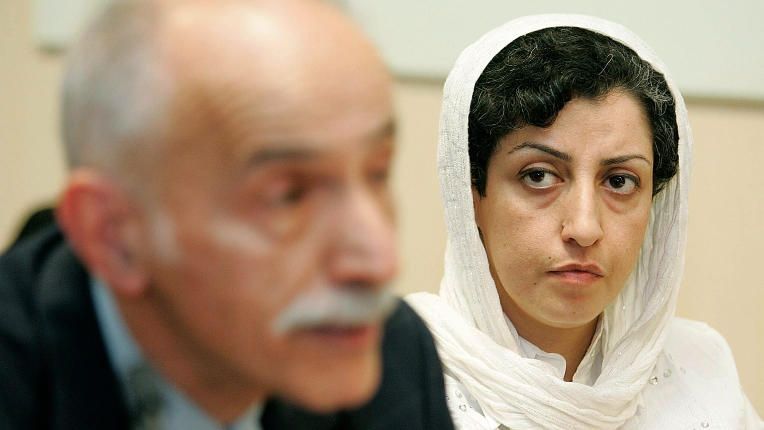 ranian Narges Mohammadi, right, from the center for Human Rights Defenders, listens to Karim Lahidji, president of the Iranian league for the Defence of Human Rights