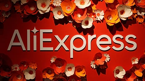 This picture taken on September 24, 2020, shows the logo of AliExpress in a pop-up store in Paris