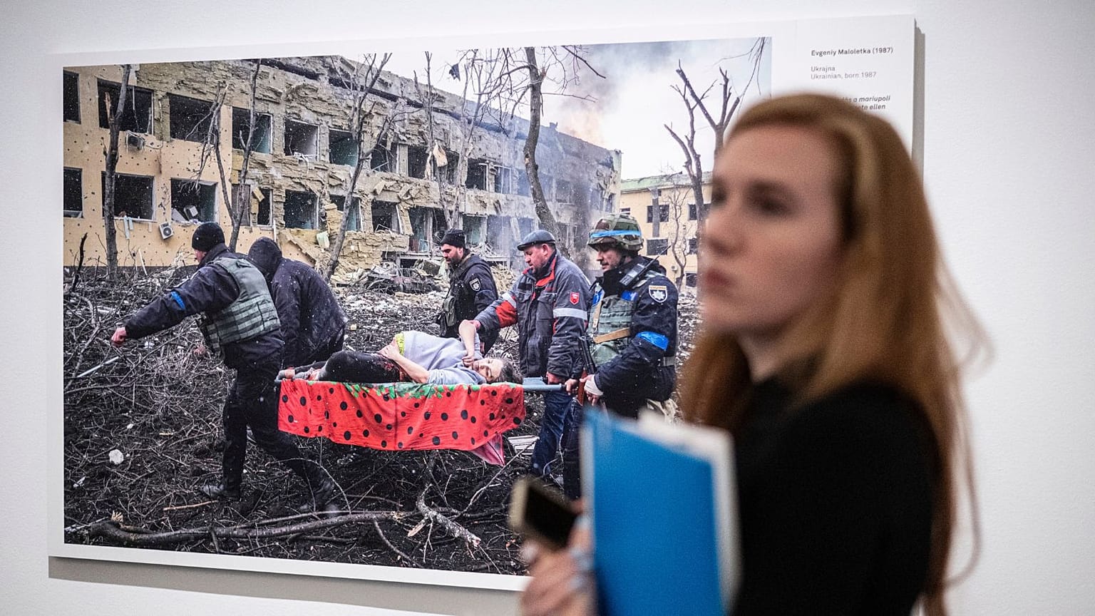 Associated Press photographer Evgeniy Maloletka's image entitled "Mariupol Maternity Hospital Airstrike", on display at the opening of the World Press Photo 2023 exhibition