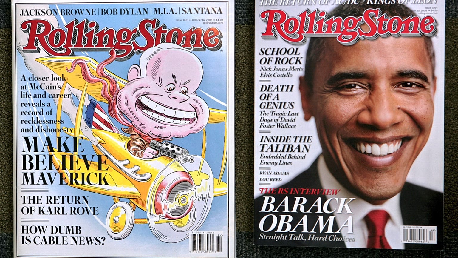 A comparison of Rolling Stone magazine's last issue in its larger format, left, and its shrunken new issue, New York, Monday Oct. 20 , 2008.