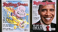A comparison of Rolling Stone magazine's last issue in its larger format, left, and its shrunken new issue, New York, Monday Oct. 20 , 2008.