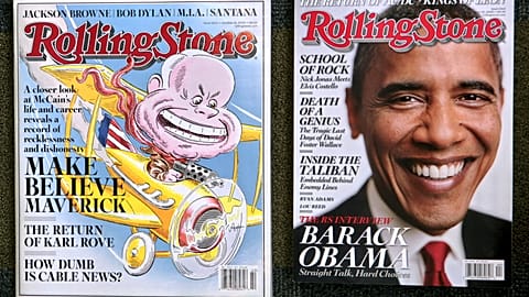 A comparison of Rolling Stone magazine's last issue in its larger format, left, and its shrunken new issue, New York, Monday Oct. 20 , 2008.
