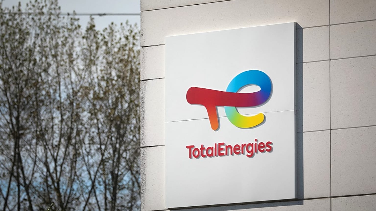TotalEnergies logo at the Total Energies refinery site near Le Havre, northwestern France.