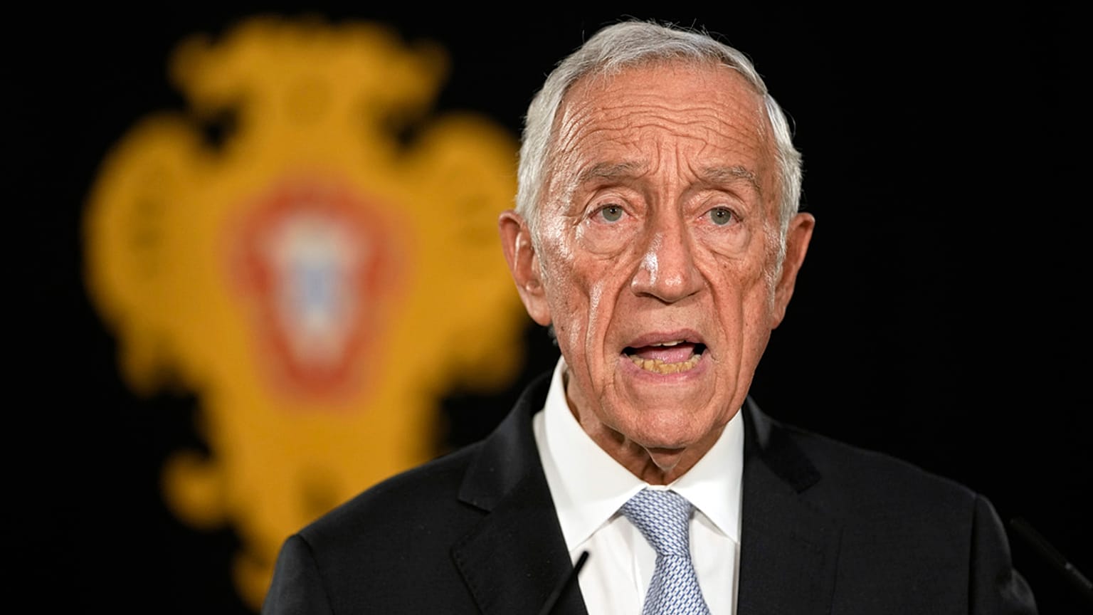 Portuguese President Marcelo Rebelo de Sousa addresses the country after hosting a meeting of the Council of State at the Belem presidential palace in Lisbon, Thursday, Nov. 9