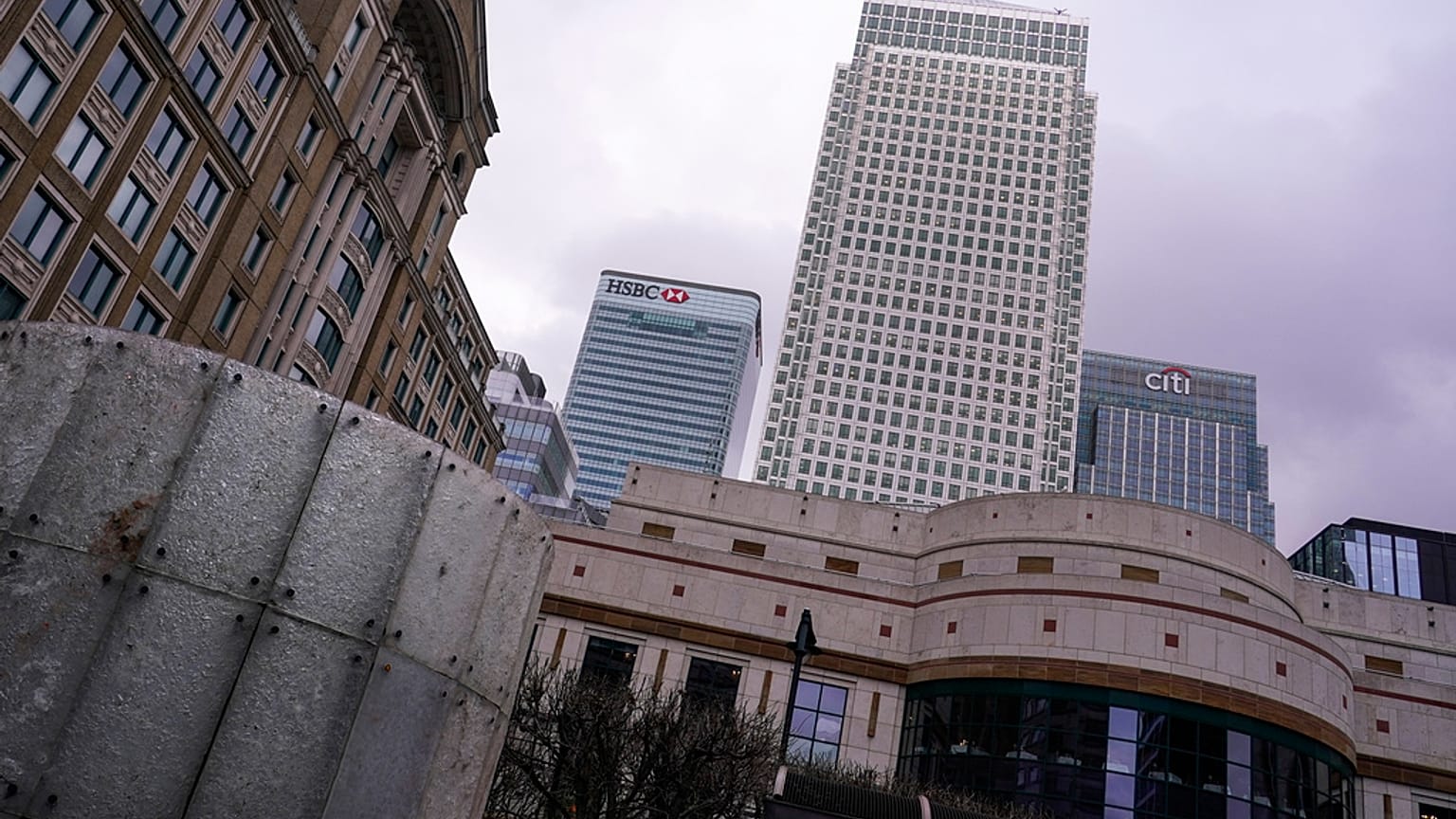The HSBC headquarters stand in the financial district of Canary Wharf, in London, Monday, March 13, 2023.