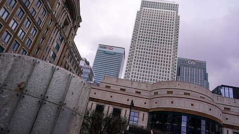The HSBC headquarters stand in the financial district of Canary Wharf, in London, Monday, March 13, 2023.