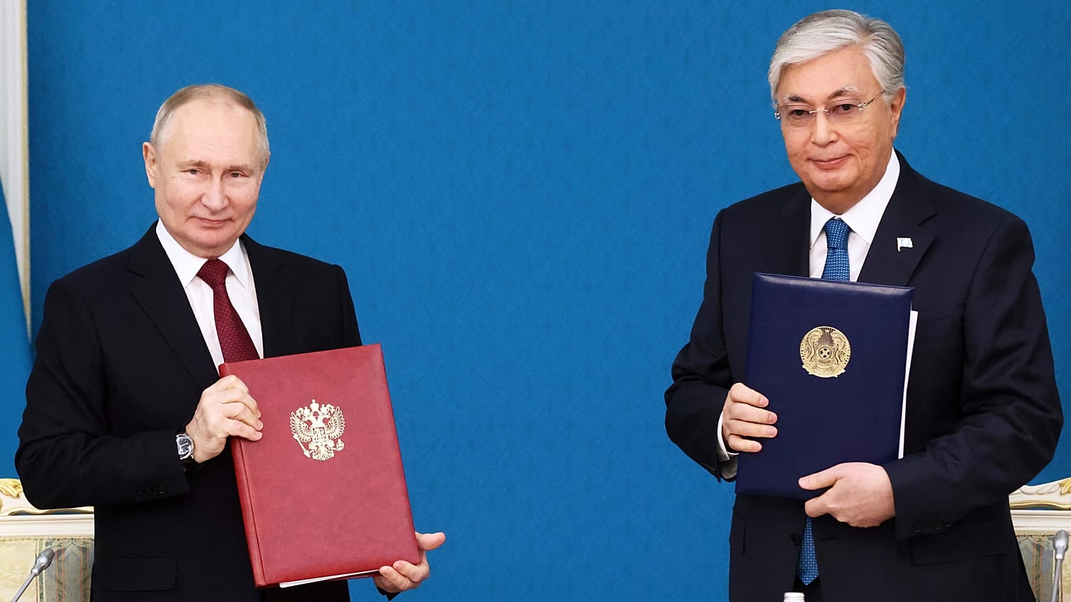 Vlagyimir Putyin orosz elnök és Kasszim-Dzsomart Tokajev kazah elnök találkozója Asztanában 
