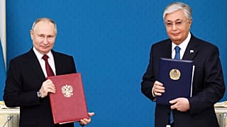 Vlagyimir Putyin orosz elnök és Kasszim-Dzsomart Tokajev kazah elnök találkozója Asztanában 