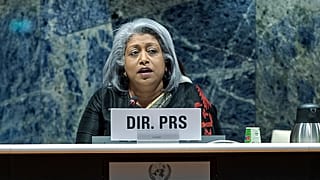 Dr Gaya Gamhewage, WHO Director, Prevention of and Response to Sexual Misconduct, speaks during the 76th World Health Assembly in Geneva, Switzerland, May 25, 2023. 