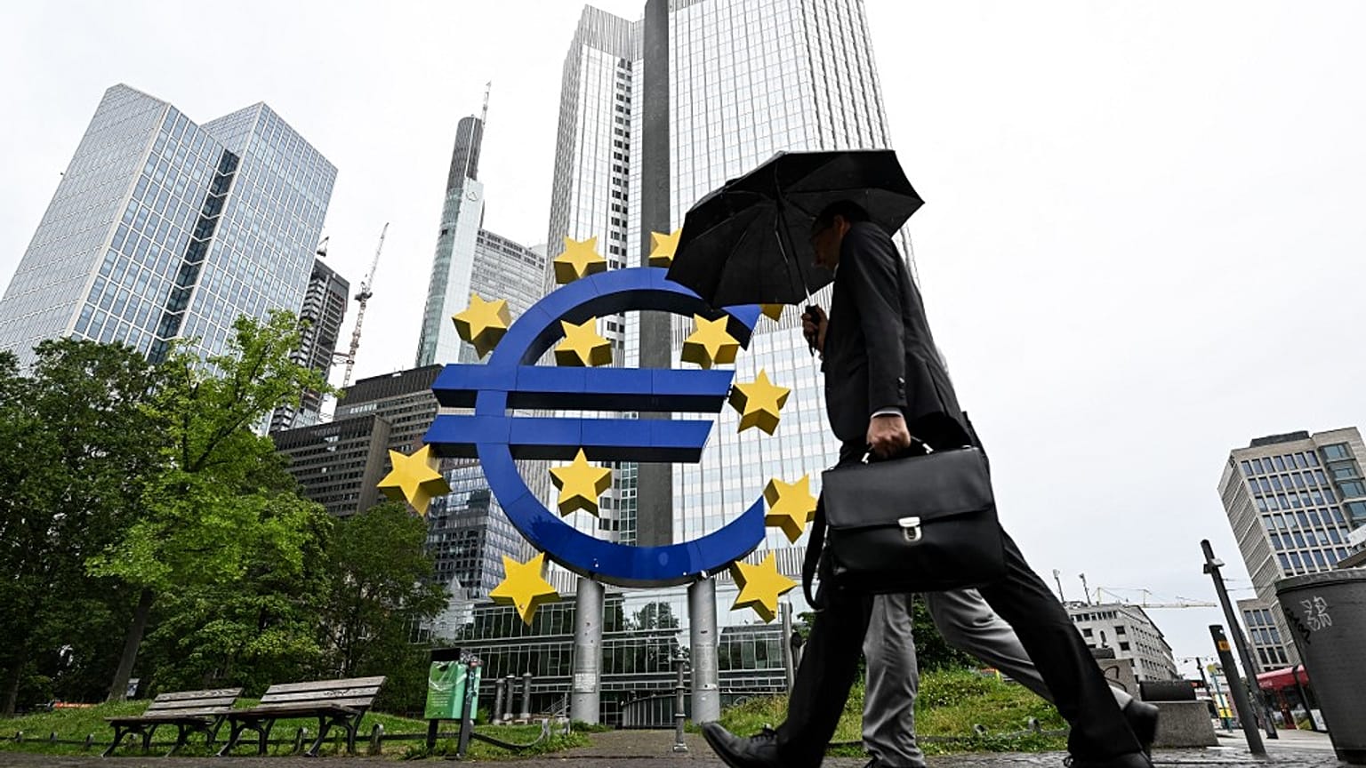 Euro currency sign in front of the former European Central Bank (ECB) building in Frankfurt am Main, western Germany.