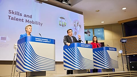 EU commissioners Ylva Johansson, Margaritis Schinas and Iliana Ivanova