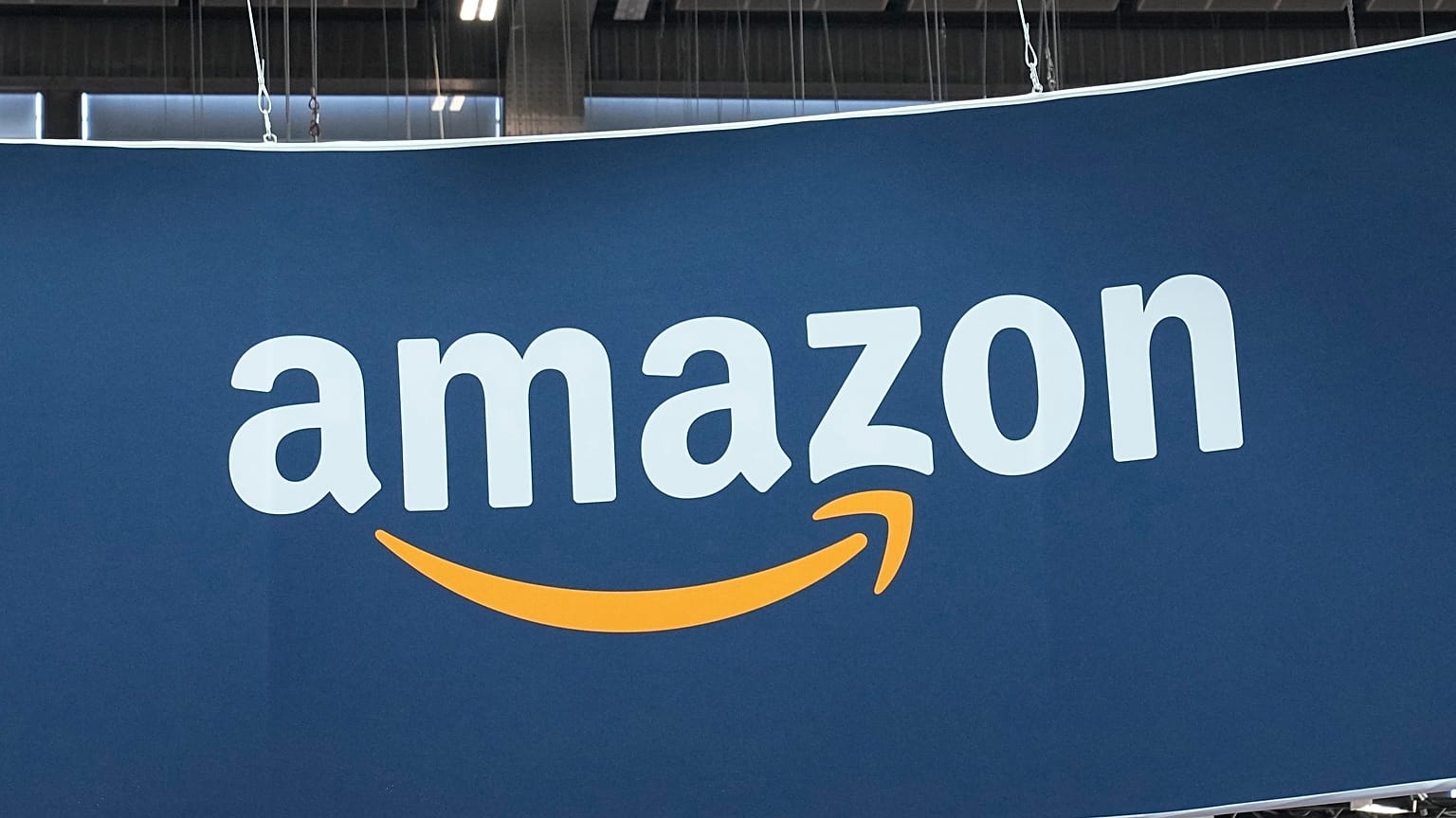 The Amazon logo is seen, June 15, 2023, at the Vivatech show in Paris.