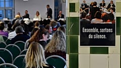 People take part in a public meeting by the "Commission Independante sur l'Inceste et les Violences Sexuelles faites aux Enfants" (CIIVISE) at the Palais de la Femme in Paris.