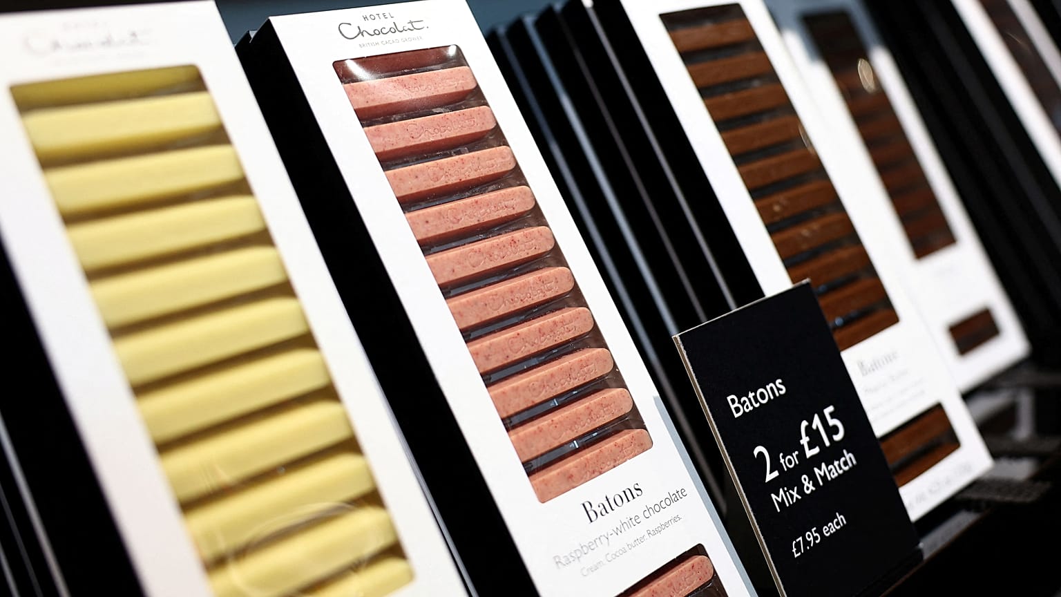 Hotel Chocolat chocolate is displayed for sale inside a store in London, Britain, November 16, 2023. 