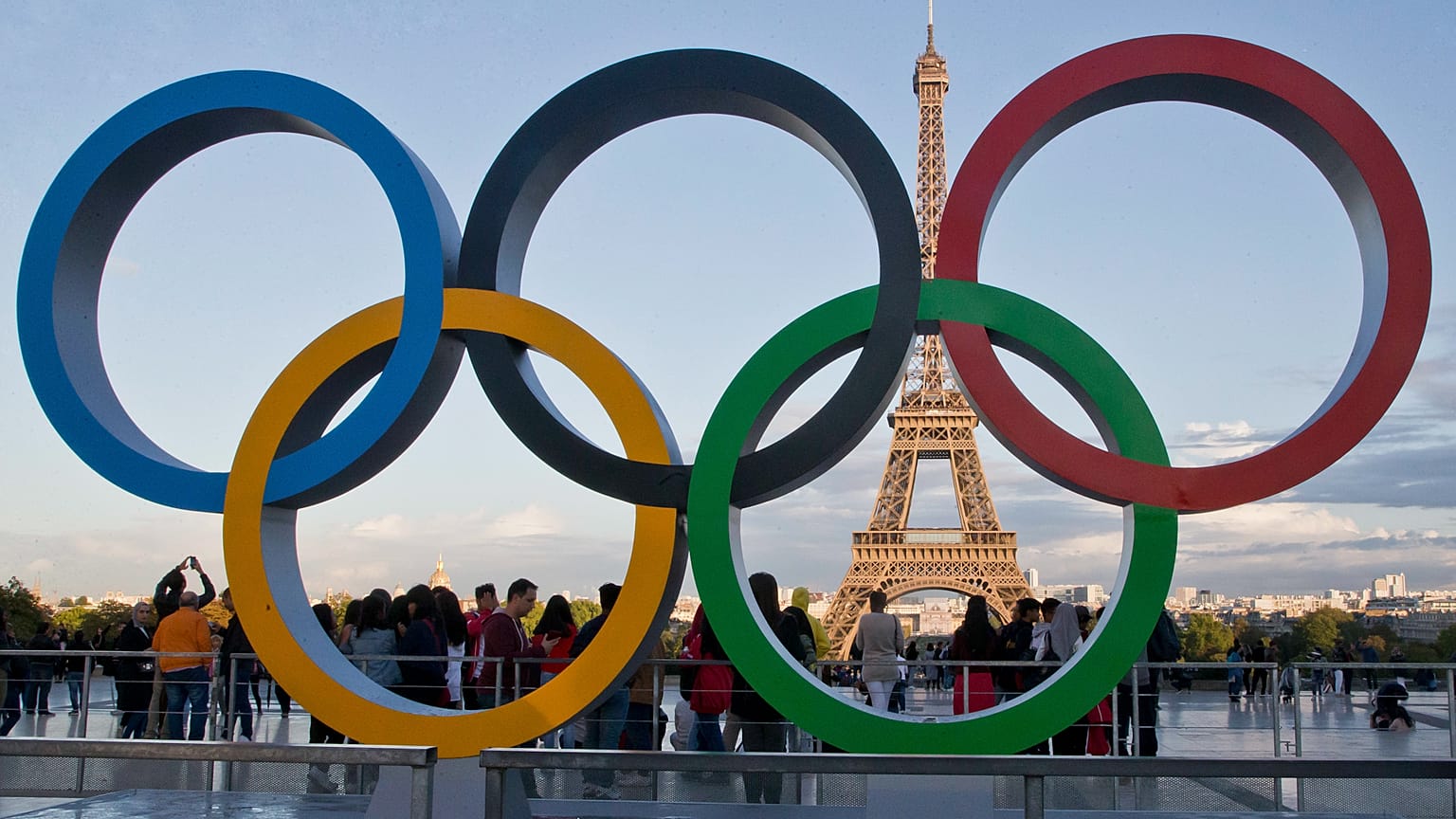 Image shows the Olympic rings with the Eiffel Tower in the background. New security technology was displayed in Paris ahead of the 2024 Games.