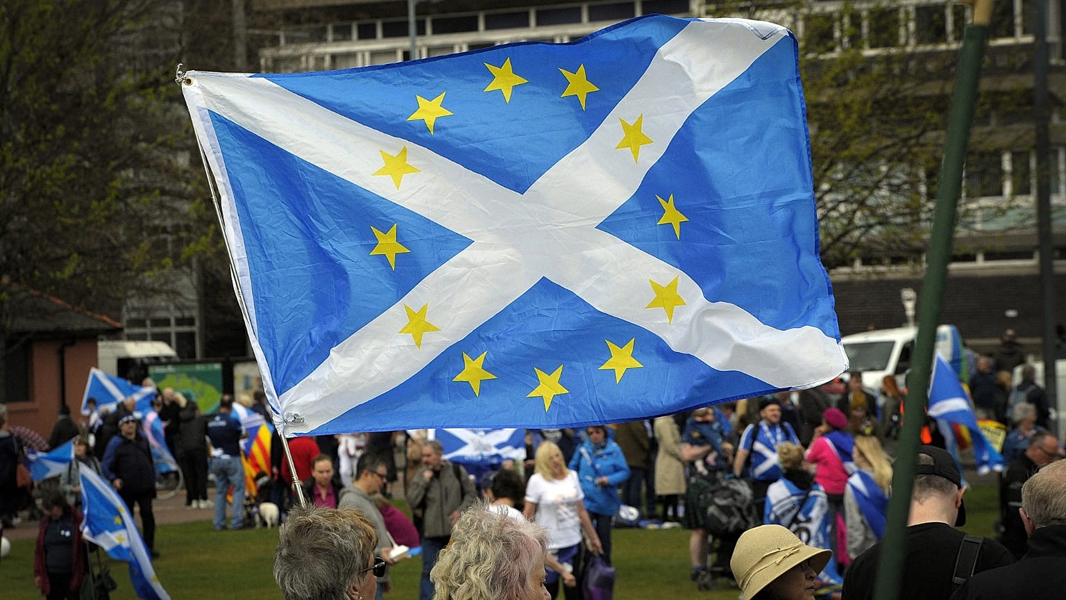 FILE: A combination Saltire and European Union flag flutters after a march in support of Scottish independence through the streets of Glasgow, on May 5, 2018.