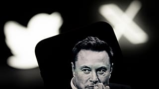 An image of Elon Musk is seen displayed on a mobile device with the Twitter and X logos in this illustration photo
