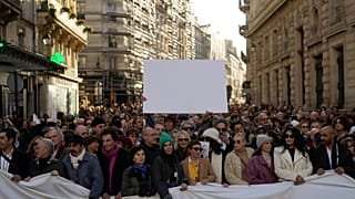 French actors Isabelle Adjani and Emmanuelle Beart at silent march for peace between Israelis and Palestinians, in Paris, November 19 2023