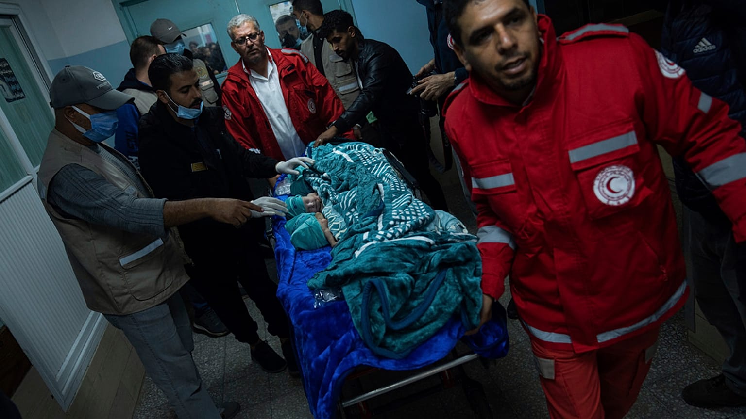 المسعفون يجهزون الأطفال الخدج لنقلهم إلى مصر بعد إجلائهم من مستشفى الشفاء في مدينة غزة إلى مستشفى في رفح بقطاع غزة  20 تشرين الثاني نوفمبر 2023