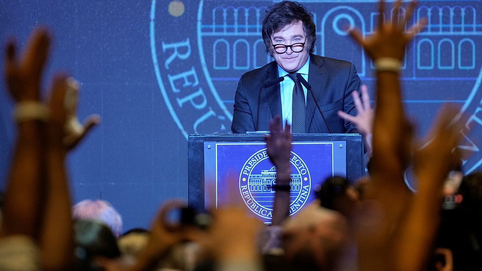 Javier Milei speaks after his victory over Sergio Massa, Economy Minister and candidate of the ruling Peronist party, in a runoff election in Buenos Aires Sunday Nov 19, 2023.
