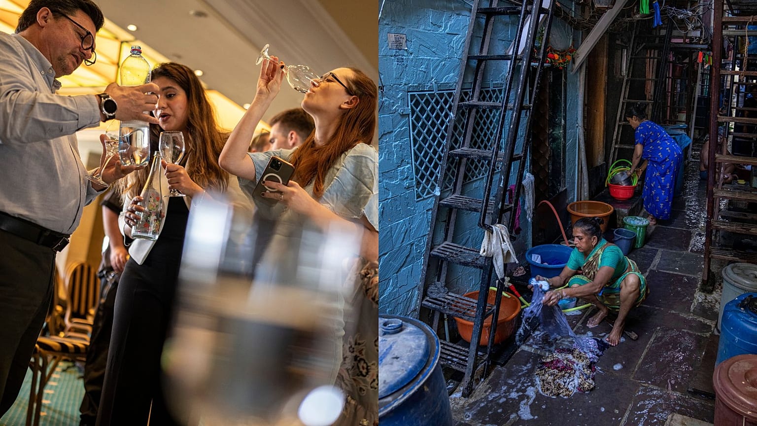 People sample glasses of fine water during a luxury water competition in Athens, while women wash clothes in Dharavi, one of Asia's largest slums, in Mumbai, India