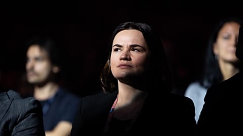 Belarusian opposition leader Sviatlana Tsikhanouskaya at Web Summit in Lisbon.