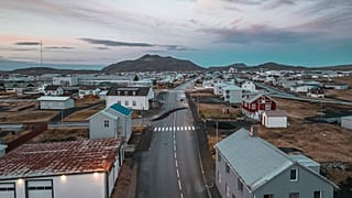 This image taken with a drone shows the town of Grindavik, Iceland.