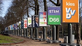 Election billboards are seen near the parliament building in The Hague, Netherlands, Monday, Nov. 20, 2023. Dutch voters will go to the polls on Wednesday Nov. 22, 2023.