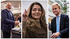 Коллаж: основные кандидаты на кресло премьер-министра: Франс Тиммерманс (слева), Дилан Йешилгёз-Зегериус (в центре), Герт Вилдерс (справа).