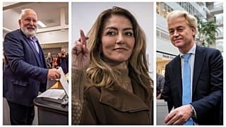 Коллаж: основные кандидаты на кресло премьер-министра: Франс Тиммерманс (слева), Дилан Йешилгёз-Зегериус (в центре), Герт Вилдерс (справа).