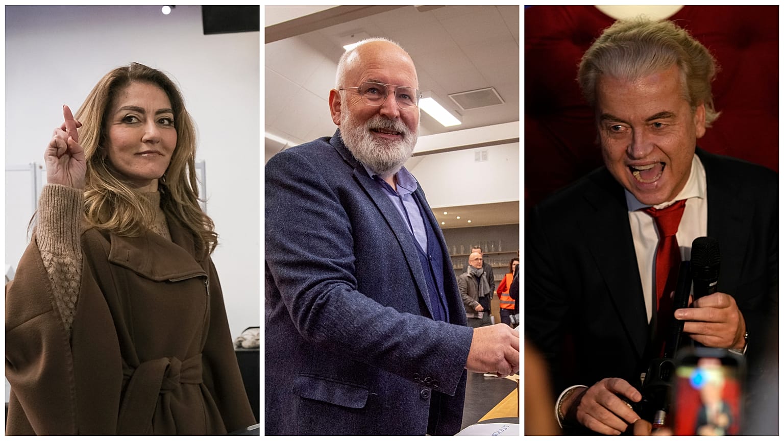 Dilan Yesilgoz-Zegerius (VVD), Frans Timmermans (GL-PvdA) e o vencedor Geert Wilders (PVV)